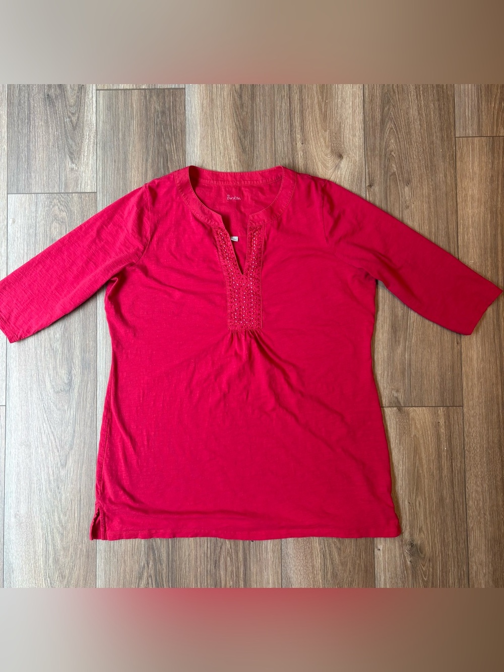 Boden Beaded Notch Neck 3/4 Sleeve Tunic Top Pink Red Small